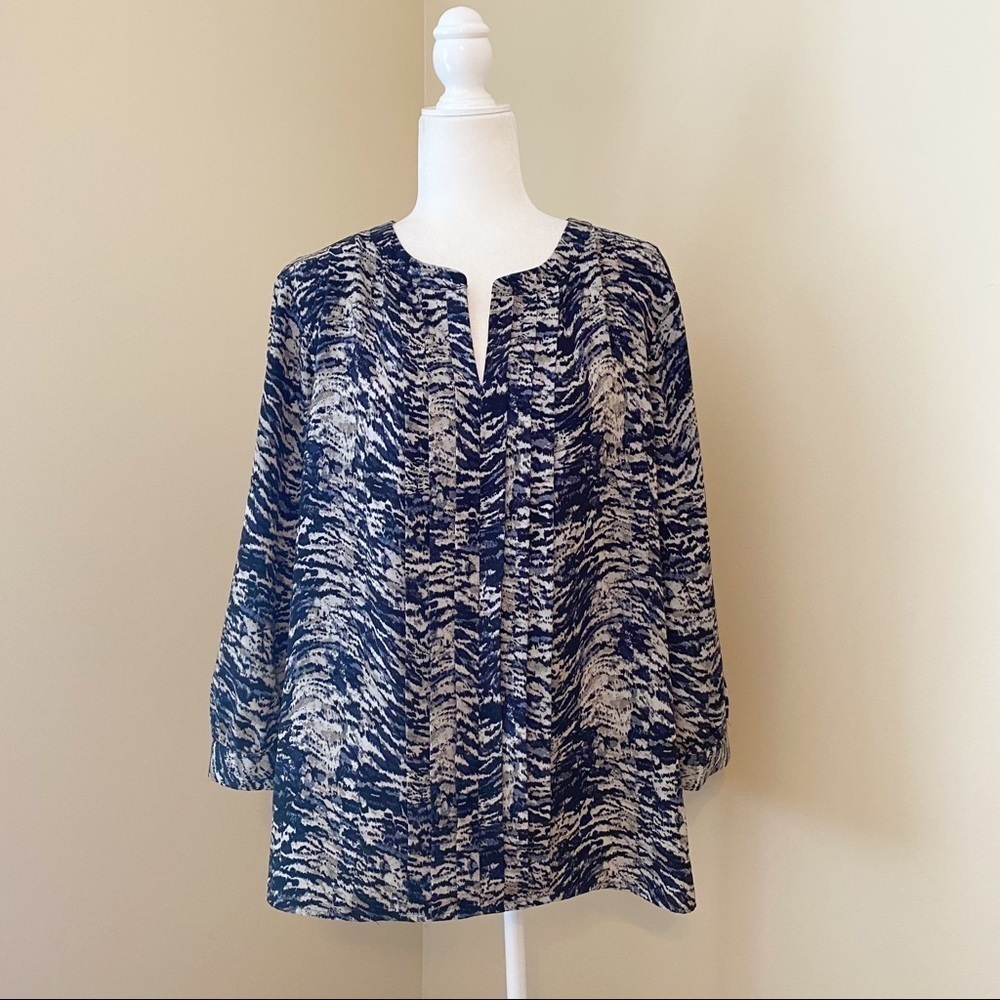 Talbots Pleated Front Black Blue Blouse - L